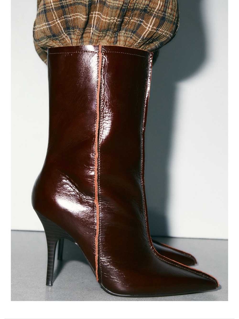 Zara Women’s Brown Leather Pointed-Toe Mid-Calf Boots